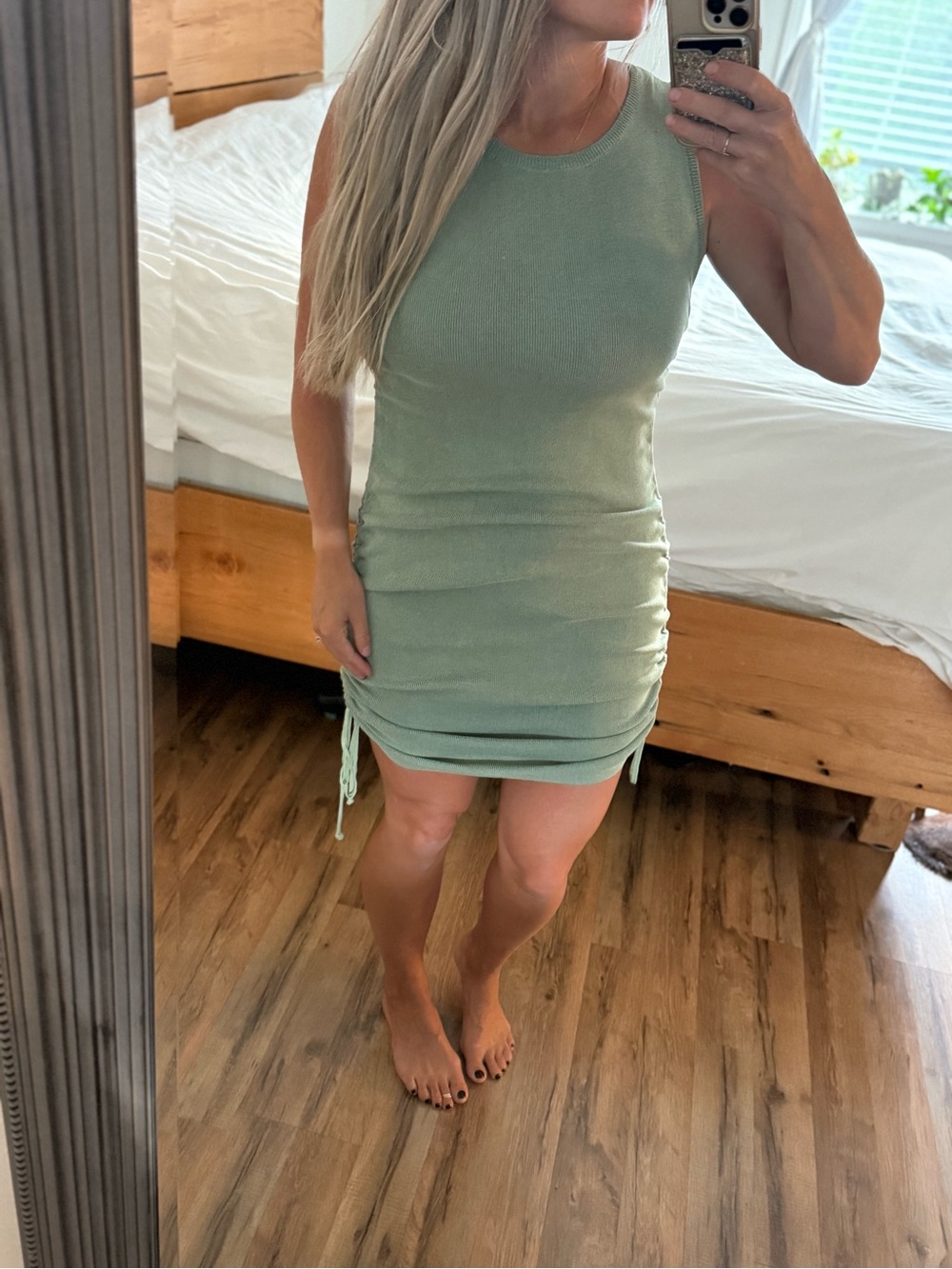 Lioness Sage Green Ribbed Ruched Midi Dress